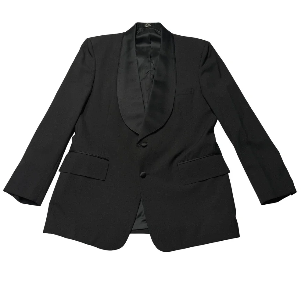 Vintage After Six 2pc Black Tuxedo Suit 42R Shawl Lapel Satin Stripe Pants USA